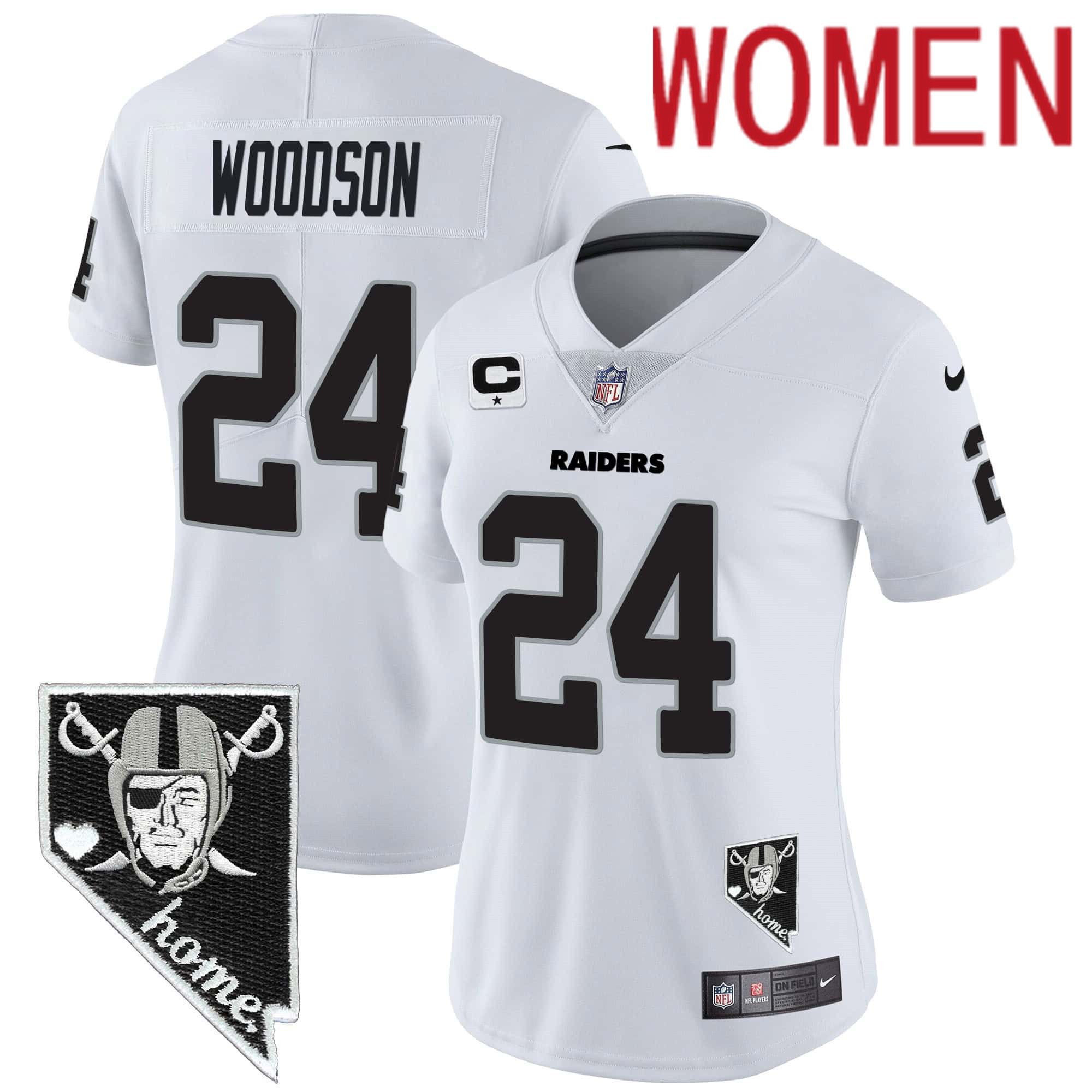 Women Oakland Raiders #24 Woodson White 2024 Nike Nevada Home Patch Vapor NFL Jersey->women nfl jersey->Women Jersey